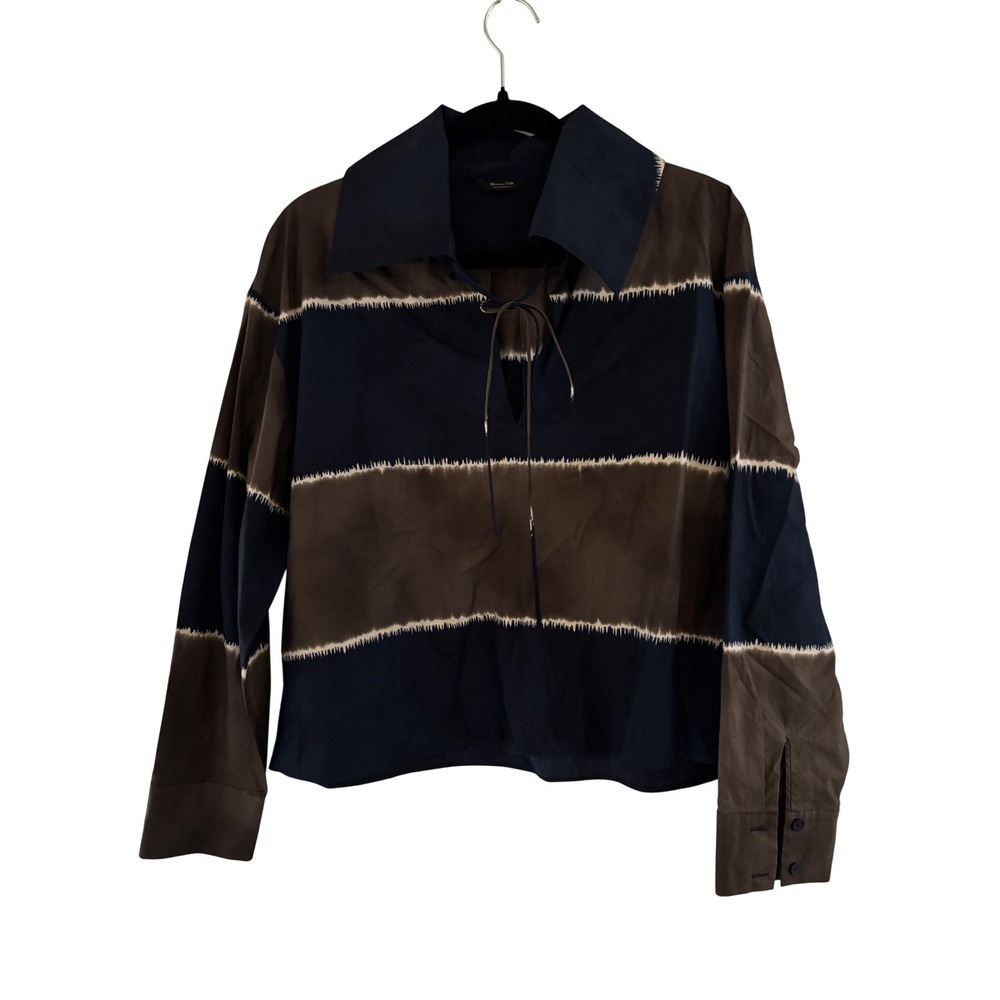 Massimo Dutti Womens Navy Brown Striped Tie Front Oversized Collar Blouse XS
